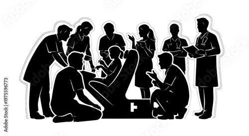 A black silhouette vector illustration shows a group of health specialists surrounding a patient in a clinic, designed in a minimalist style to promote World Health Day, set against a clean