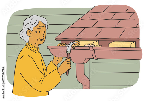 An elderly woman diligently cleans rain gutters, showcasing a practical, eco-friendly task. Clear composition and a friendly expression.