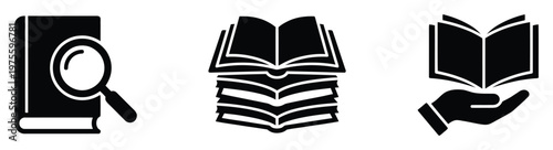 Versatile black and white icons featuring books, a magnifying glass, and a hand, symbolizing profound knowledge, continuous learning, and thorough research for various academic and