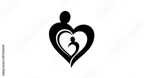 Minimalist black silhouette vector art showing a stylized person embracing a smaller figure within a heart shape, conveying a sense of care and protection against a clean white background