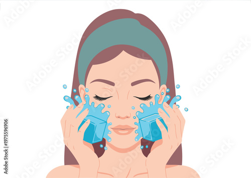 A young woman enjoys a refreshing ice facial, showcasing a cleansing skincare routine. Cool water splashes, highlighting hydration and healthy skin. Clean, modern aesthetic.