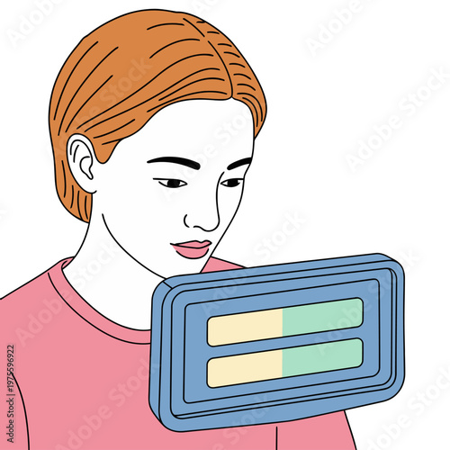 A young woman examines a rainwater smart meter, focusing intently. The illustration features a modern, clean style with a bright orange background. It conveys data analysis and technology.