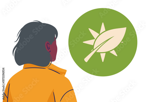 A woman gazes at a skincare logo on a wall, conveying radiance and natural beauty. Modern, minimalist design with a focus on wellness.