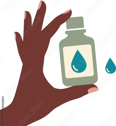 A hand holds a bottle of tea tree oil, showcasing its antiseptic properties. The image features a dark-skinned hand and a modern, minimalist aesthetic. Clean, bright background.