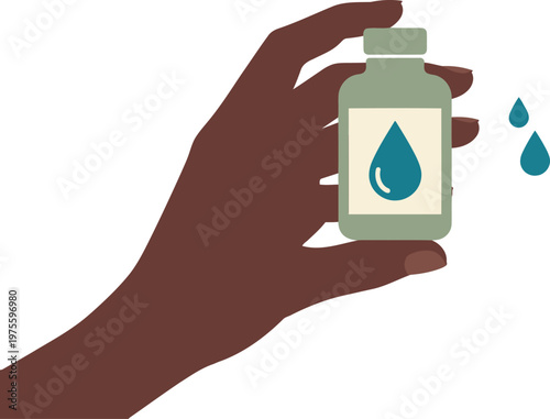 A hand holds a bottle of tea tree oil with drops, labeled ?Antiseptic?. Clean, modern illustration style. Focus on the product and its benefits.