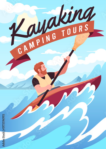 Canoe rafting. Man in life jacket is rowing, stormy river, athlete in kayak with oar, extreme water sports flyer, activities, poster or print design, tidy vector cartoon isolated concept
