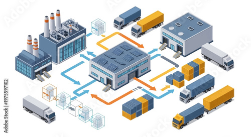 Isometric vector illustration depicting a detailed industry supply chain, showcasing manufacturing and logistics with factories connected by arrows, alongside trucks, containers
