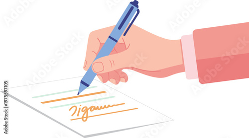 A hand signs a document with a blue pen. Clean, modern illustration style. Perfect for business and legal themes.