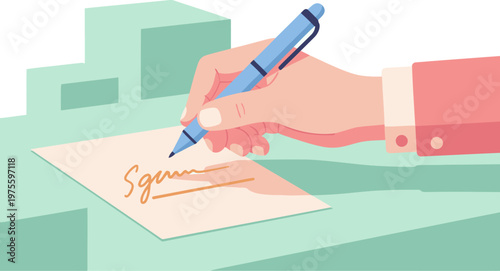 A hand signs a document with a blue pen. Professional setting, clear signature line. Modern illustration, clean design.