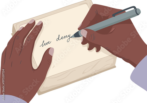 A hand writes ?love deny? on a gift card box. Close-up, detailed illustration. Warm tones, modern style. Perfect for greeting cards and stationery.
