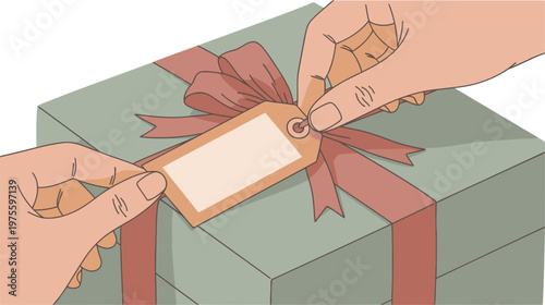 Hands attach a gift tag to a beautifully wrapped box with a ribbon. A warm, inviting scene perfect for holiday or gifting themes.