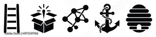 Abstract symbols representing key concepts like growth, discovery, networking, security, and organized effort, useful for business, education, and communication projects.