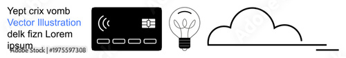Digital payments, cloud technology, innovation, sustainability, brainstorming, fintech. Contactless payment card, lightbulb and cloud icons. Digital payments and cloud technology concepts