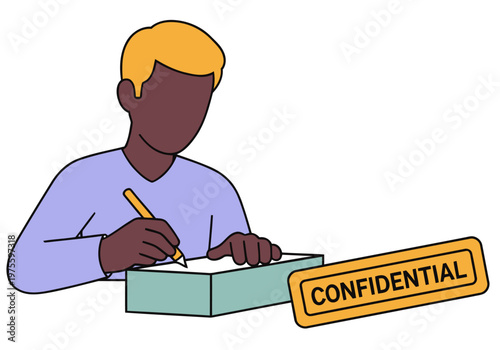 A man signs a confidential NDA contract. Bold ?CONFIDENTIAL? label highlights the document. Clean, modern illustration style. Suitable for business and legal themes.