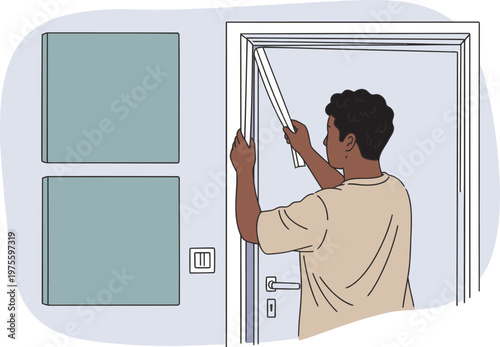 A man installs soundproofing panels on a door in a home studio.  Clear, focused DIY project illustration. Modern, clean style.