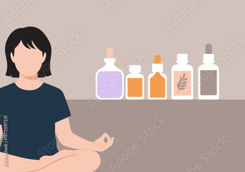 A young woman meditates with essential oil bottles, promoting relaxation and wellness. Soft colors and a serene composition create a calming visual.
