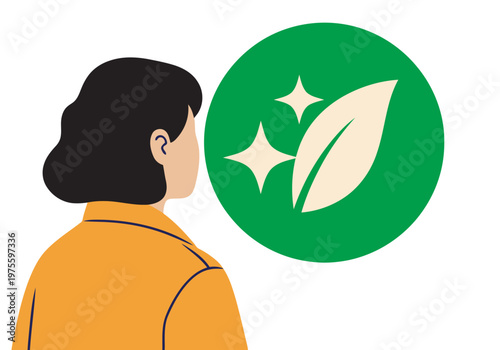 A mature woman admires a skincare brand logo featuring leaves and sparkles, conveying radiance and natural beauty. Clean, modern design.