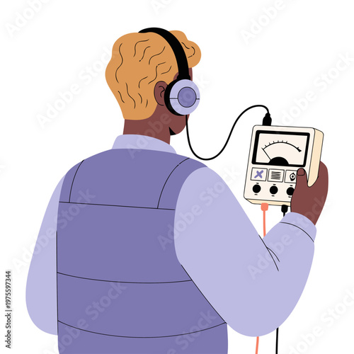 A young man wearing headphones and a protective vest meticulously measures sound levels with an acoustic meter. Modern, graphic style. Focus on detail and professional audio work.
