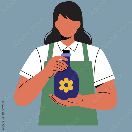 A massage oil therapy professional holds a bottle of oil, showcasing a serene and skilled approach. Clean, modern illustration.