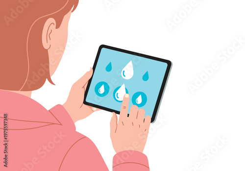 A young woman monitors water harvest data on a tablet. Modern, digital illustration showcasing sustainable technology and remote monitoring. Clean, bright design.