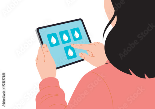 A woman monitors water harvest data on a tablet, showcasing a modern approach to sustainable water management. Clean design, bright screen, and focused user.