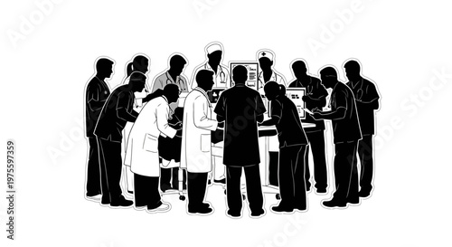 Silhouette illustration showing a group of diverse doctors and nurses examining medical data and equipment, set against a clean white background to symbolize world health day, with a focus