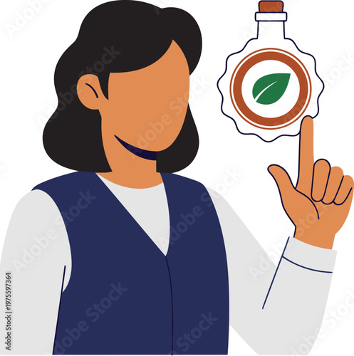 A woman points to an organic oil certified icon, showcasing a clean, modern design. Focus on natural ingredients and sustainable practices. Ideal for health & wellness marketing.