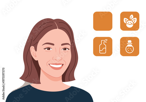 A smiling young woman presents a healthy skin collagen routine. Clean, modern illustration with icons showcasing skincare steps. Bright, inviting design.