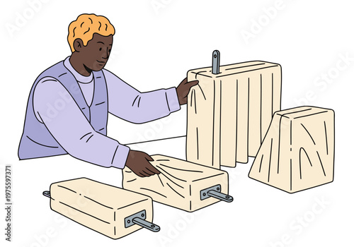 A male producer adjusts sound equipment in a studio, focused on sound design. Clean lines and a modern aesthetic create a professional workspace.