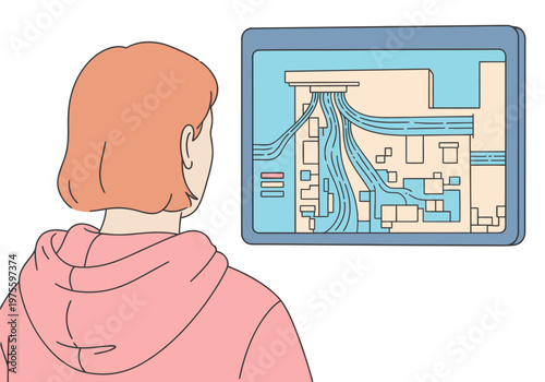 A young woman observes a rooftop catchment map interface. The illustration features a modern, stylized design with a pastel background and a focus on urban planning.