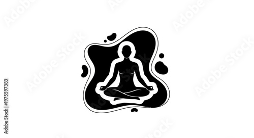 Stylized vector art for World Health Day featuring a black silhouette of a person in a lotus position meditating within an abstract shape, conveying wellness and mindfulness on a clean