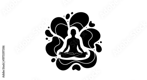 Stylized black silhouette illustration representing World Health Day, featuring a person in a lotus position surrounded by organic shapes against a clean white background, conveying a sense
