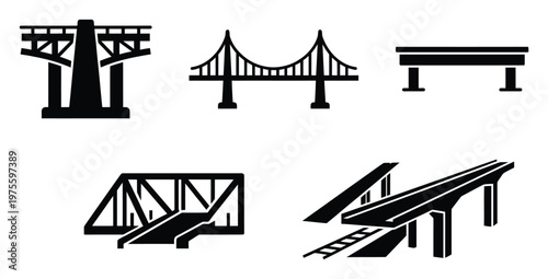Diverse collection of bridge icons illustrating various architectural structures and engineering designs for infrastructure projects and urban planning concepts
