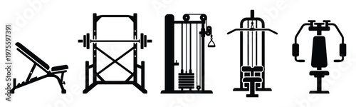 Essential gym fitness equipment silhouettes featuring a weight bench, power rack, cable machine, lat pulldown, and chest press, perfect for workout illustrations, sports branding, and