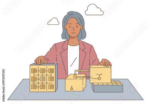 A professional woman examines soundproof material samples in a studio setting. She?s focused and confident, presenting a modern material expert image.