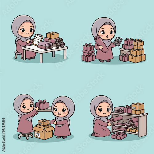Muslim girl cartoon managing online shop inventory and preparing orders for shipment