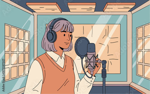 A young woman records voiceover in a soundproof studio booth. She wears headphones and a microphone, focused and smiling. Clean, modern design.