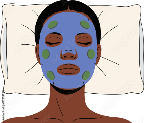 A woman relaxes with a collagen face mask on her face, lying on a pillow. The image showcases a skincare routine and promotes moisture. Soft, pastel colors and a clean aesthetic.