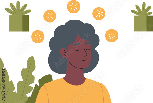 A serene woman enjoys a wellness morning, radiating positivity. She meditates with gifts and plants, creating a calm and bright atmosphere. Perfect for health & wellness concepts.