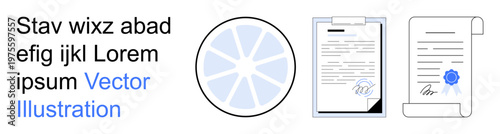 Legal documentation, certification, official contracts, approval processes, digital signatures, business paperwork. Abstract icons including a seal, signed papers and text. Certification and legal