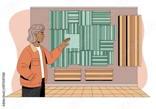 A sound engineer examines an acoustic wall, showcasing a modern, textured design. The illustration highlights professional design and soundproofing technology.