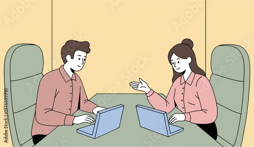 Two professionals collaborate using laptops at a modern office pod. Focused communication and a productive workspace are highlighted. Clean, professional aesthetic.