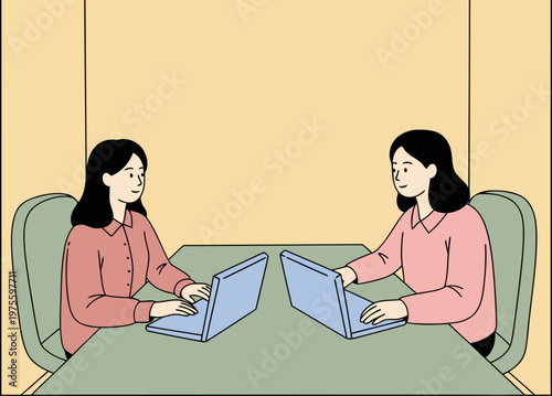 Two women work side-by-side at laptops in a soundproof office pod. Modern, minimalist design with a muted color palette. Professional and focused.