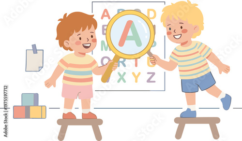 Two children explore alphabet with magnifying glass on stools in classroom