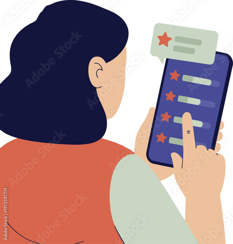 A young woman uses a health app on her phone, tracking her wellness. Modern, bright illustration with a focus on digital health and self-care. Clean design, vibrant colors.