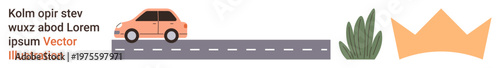 Transportation, royalty, minimalism, nature, design elements, symbolic visuals. Car on the road, grass and crown icon in a flat vector style. Transportation and royalty concept