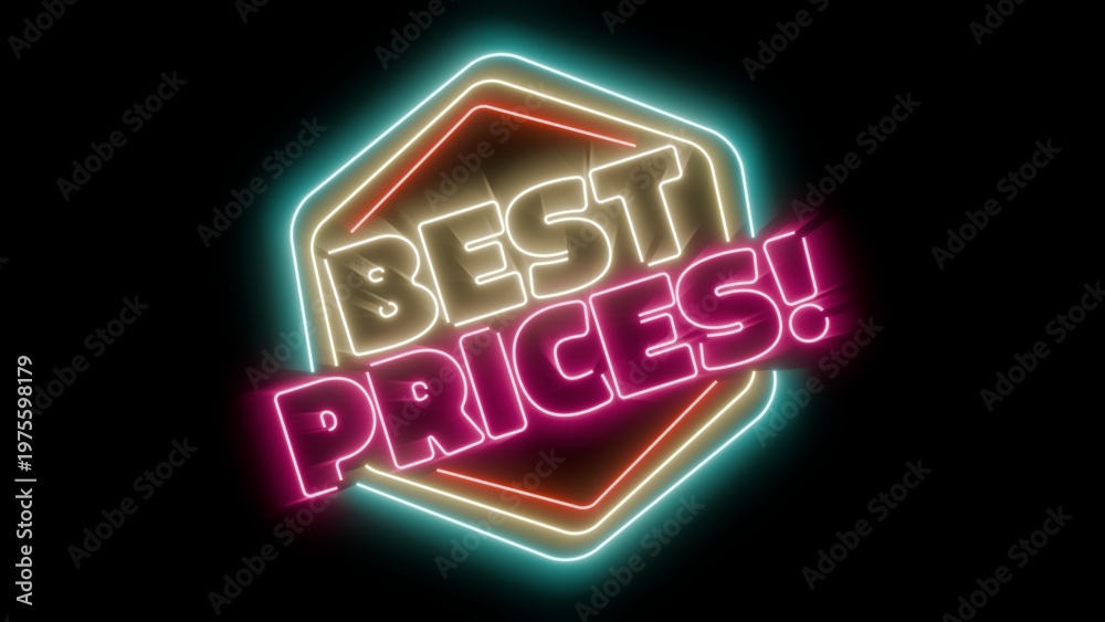 Fototapeta premium Best prices vibrant glowing neon sign on black background for easy blending