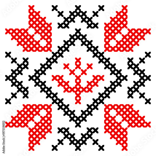 Cross stitch embroidery ornament isolated on white, traditional Ukrainian Vyshyvanka element in red and black	
