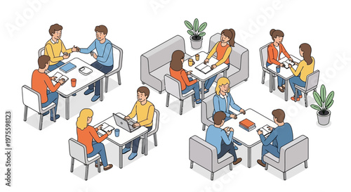 Isometric vector art features university students studying together, some using laptops and books at tables, in a minimalist, bright, and education-focused design against a white background