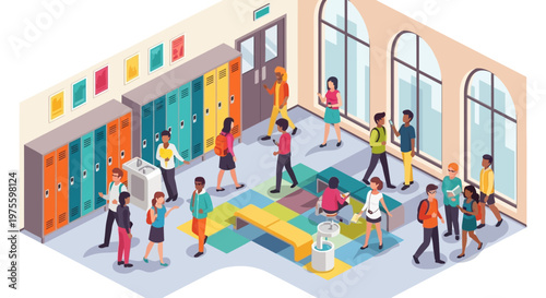Isometric vector illustration showing college students in a university building corridor near lockers and windows, designed with a bright color palette and a clean background